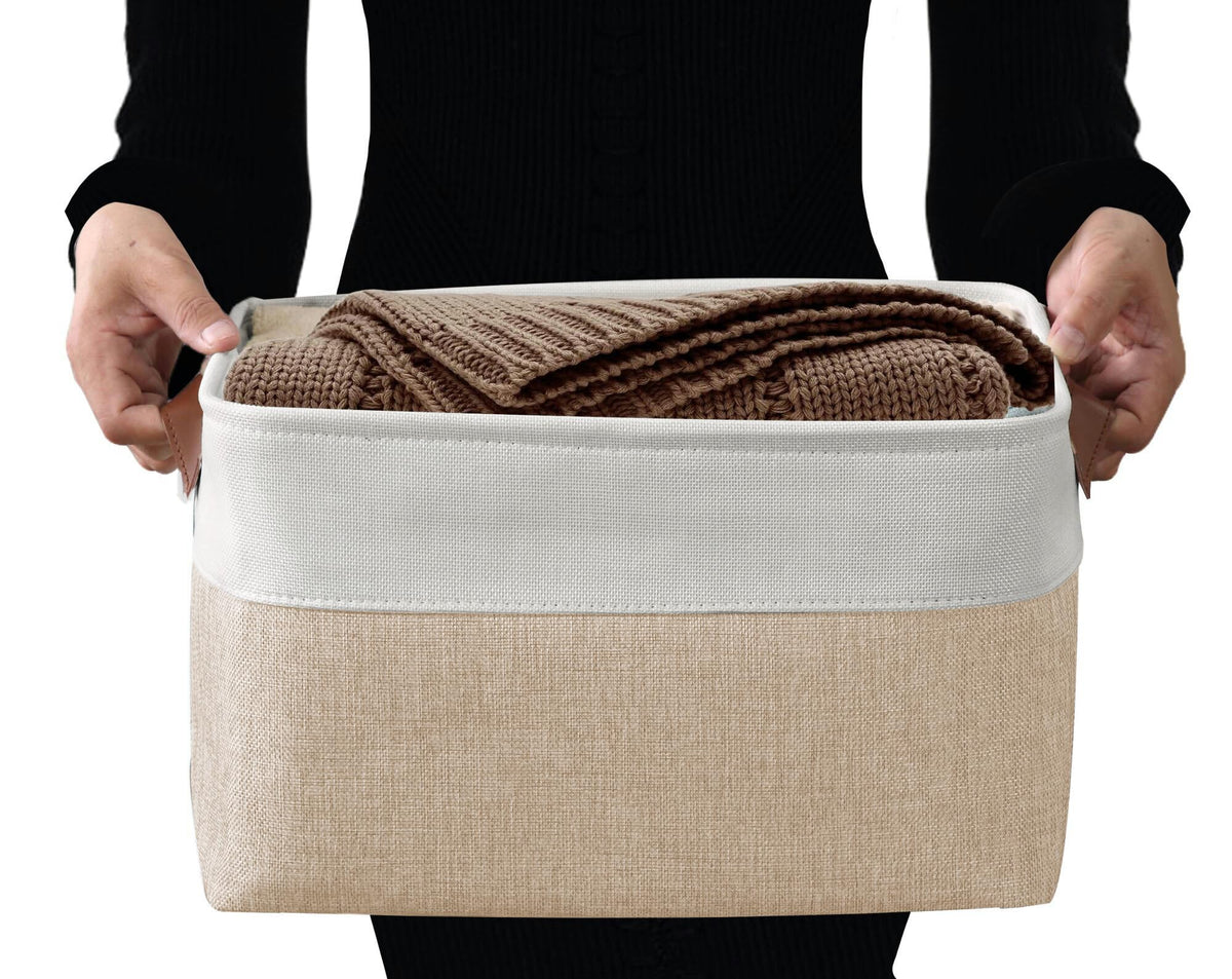 DECOMOMO storage bin used on shelves for clothing and towels.