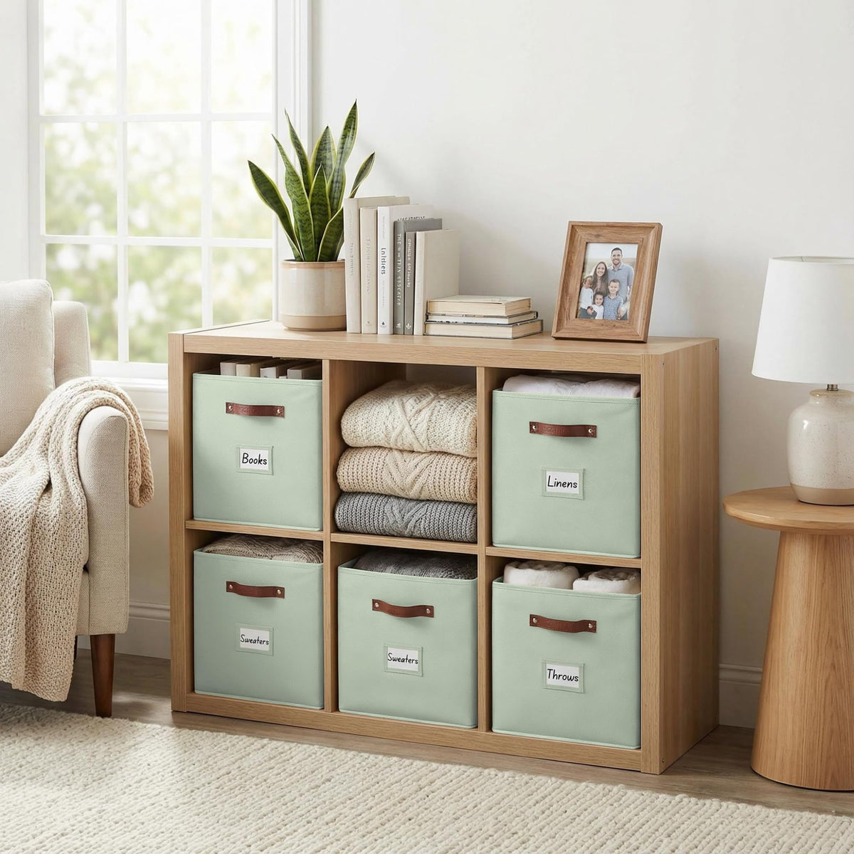 DECOMOMO sage green storage bin with dual handles for versatile carrying