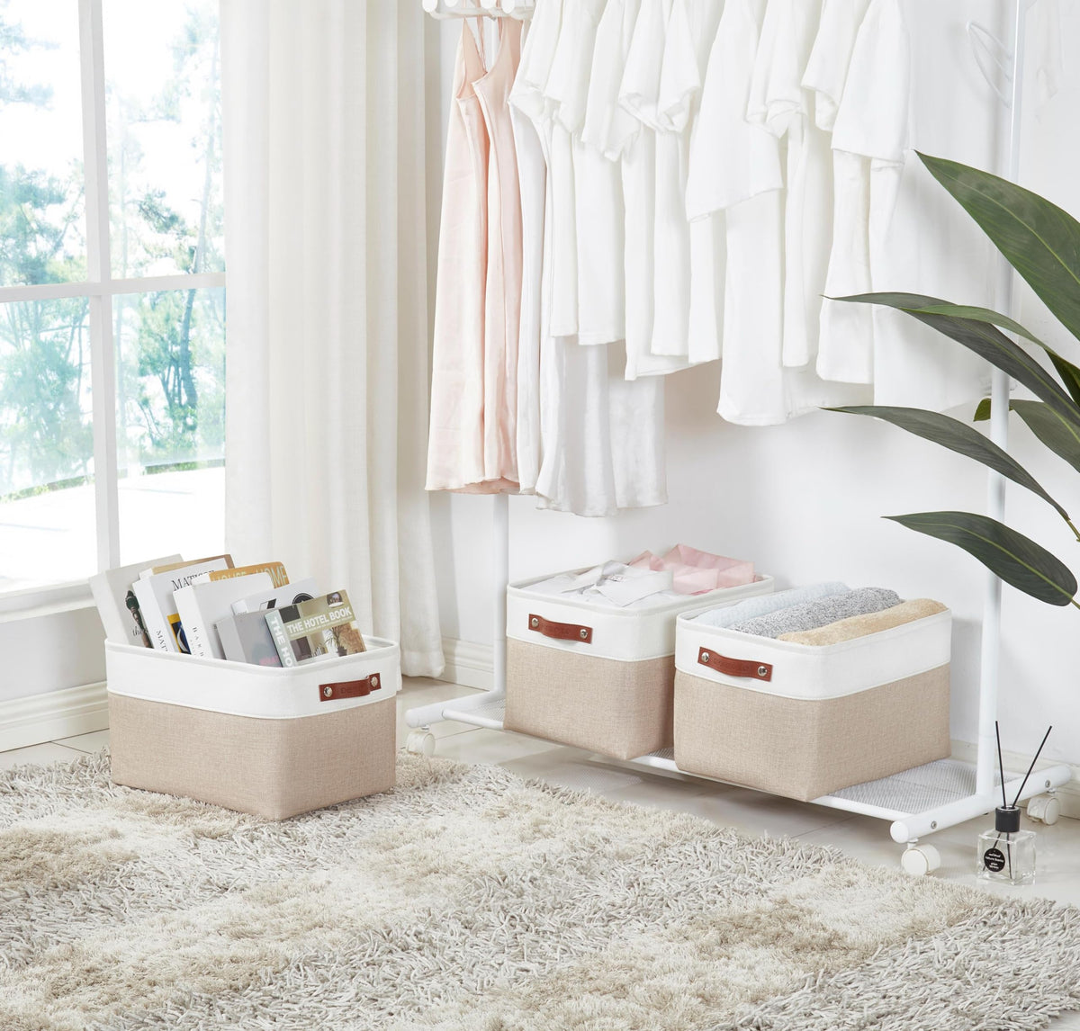DECOMOMO storage bins stacked on a shelf in a neatly organized closet.