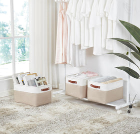 DECOMOMO storage bins stacked on a shelf in a neatly organized closet.