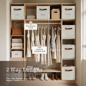 DECOMOMO beige fabric bins with a soft, neutral look.