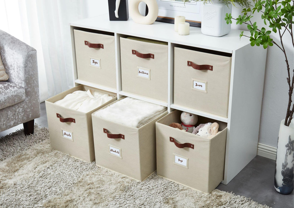 DECOMOMO bins used as toy or clothes organizers on shelves.