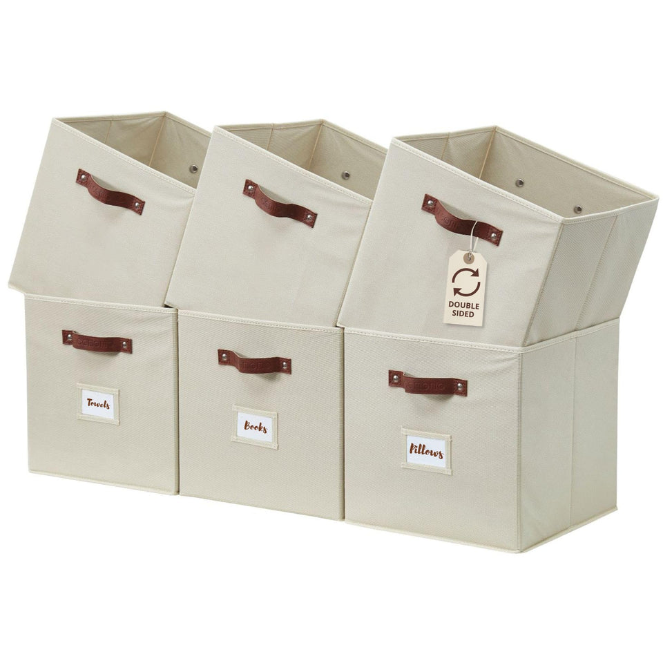 DECOMOMO storage bins with front label for easy closet organization.