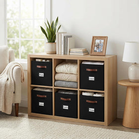 DECOMOMO 13x13 black cubes with labels help quick closet labeling.