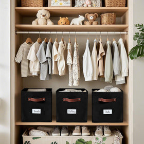 Visual on shelf with six bins keeping clothing and toys tidy.