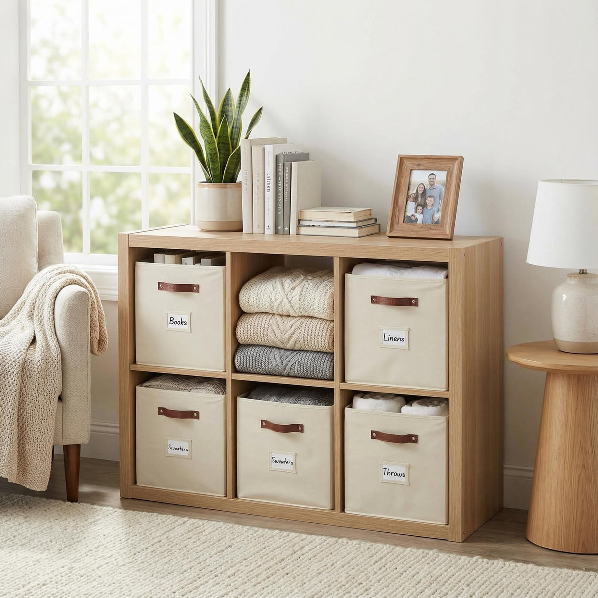 DECOMOMO storage cubes beige side view highlighting dual handles for versatile use