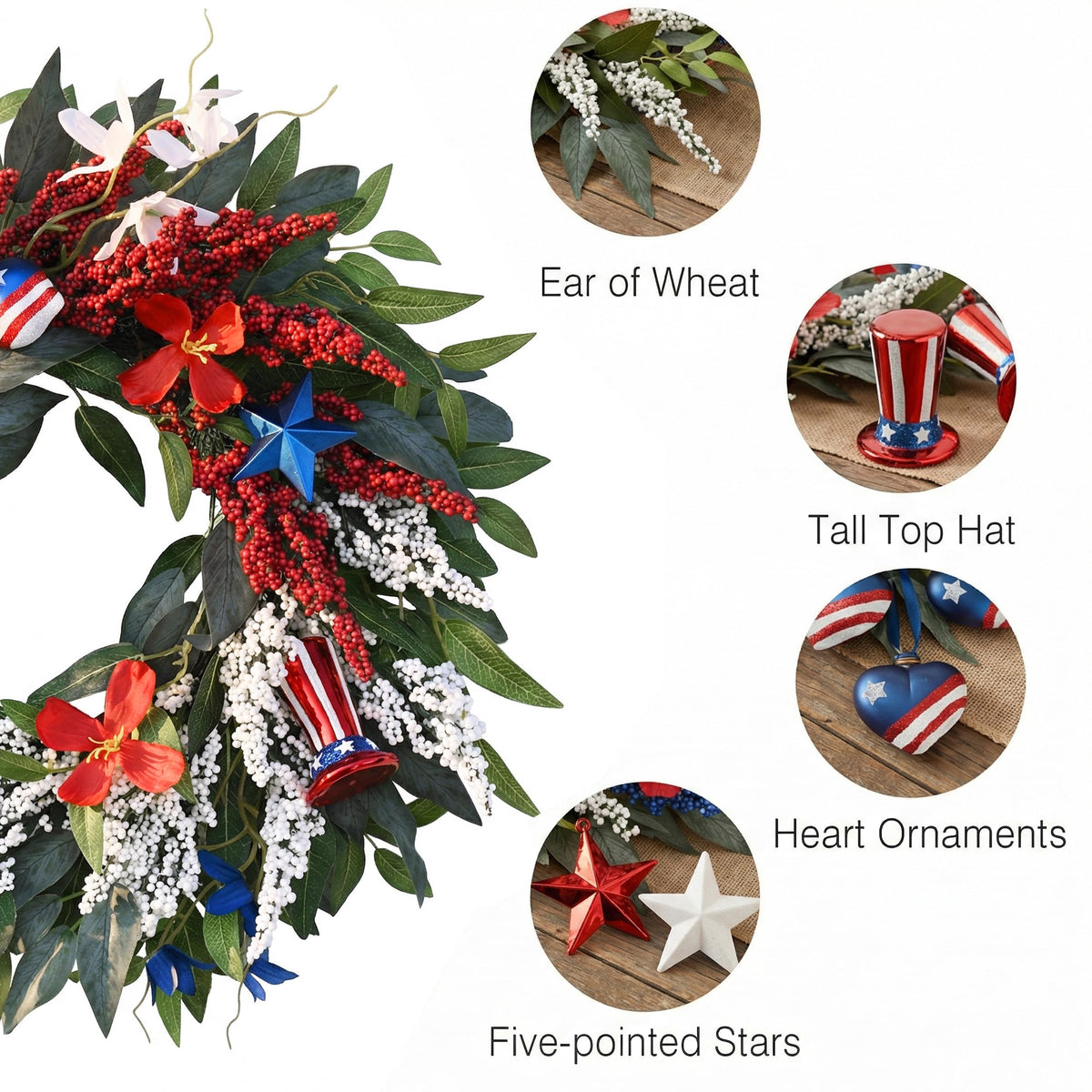 Decor by Hannah blue red white wheat stems add texture to display