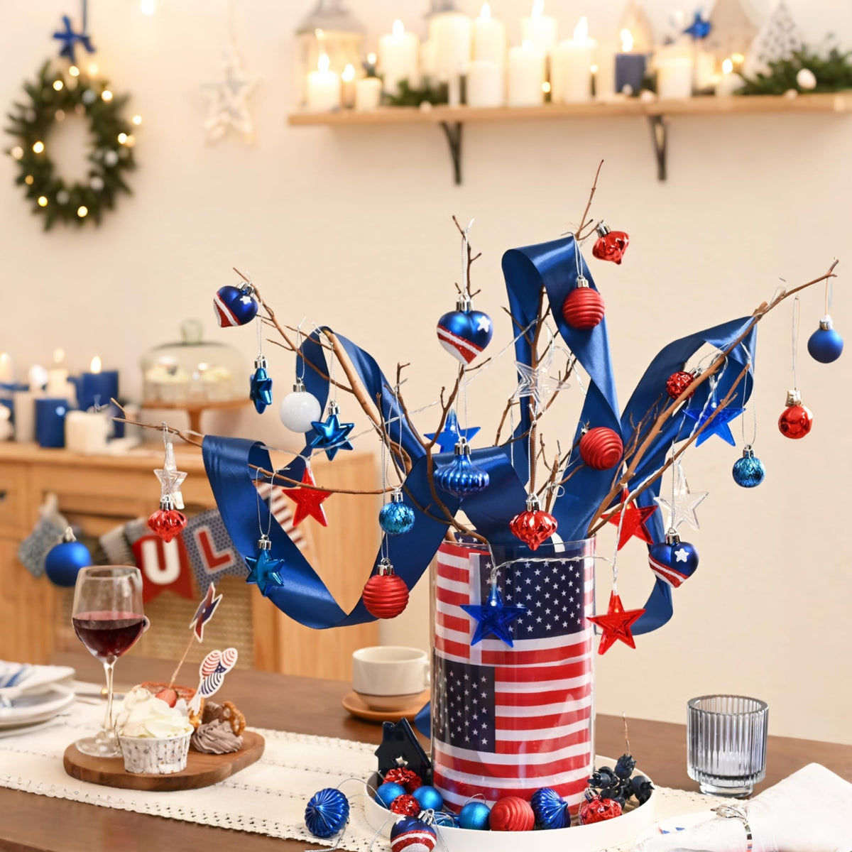 Decor by Hannah glossy red white blue ball enhances contemporary patriotic decor