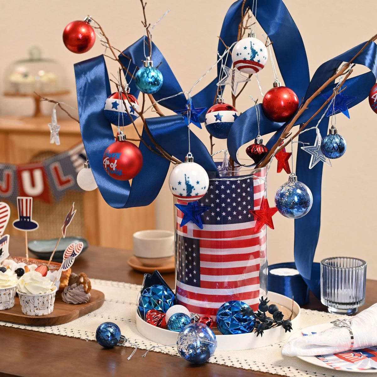 Decor by Hannah patriotic ball with glittering finish catches light for festive sparkle.