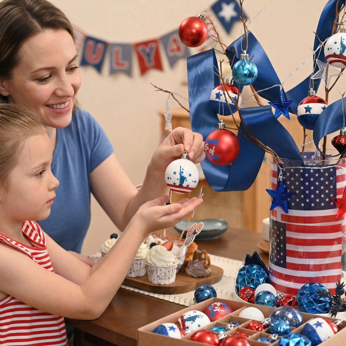 Decor by Hannah patriotic ball with matte finish offers a subtle, modern patriotic touch.