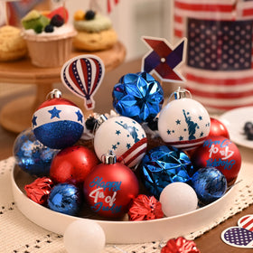 Decor by Hannah patriotic ball ready to hang with pre-threaded string for quick decorating.
