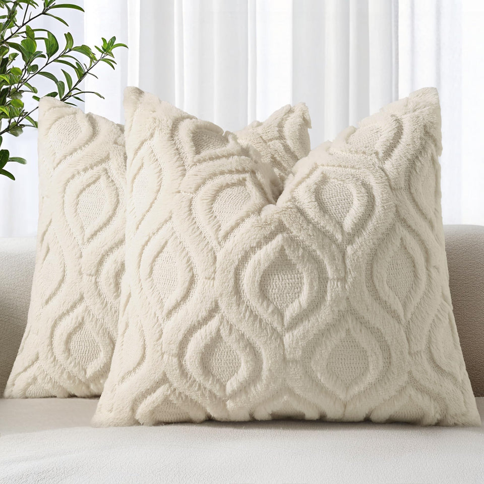 decorUhome 20x20 beige pillow cover with plush faux wool front for cozy living rooms.