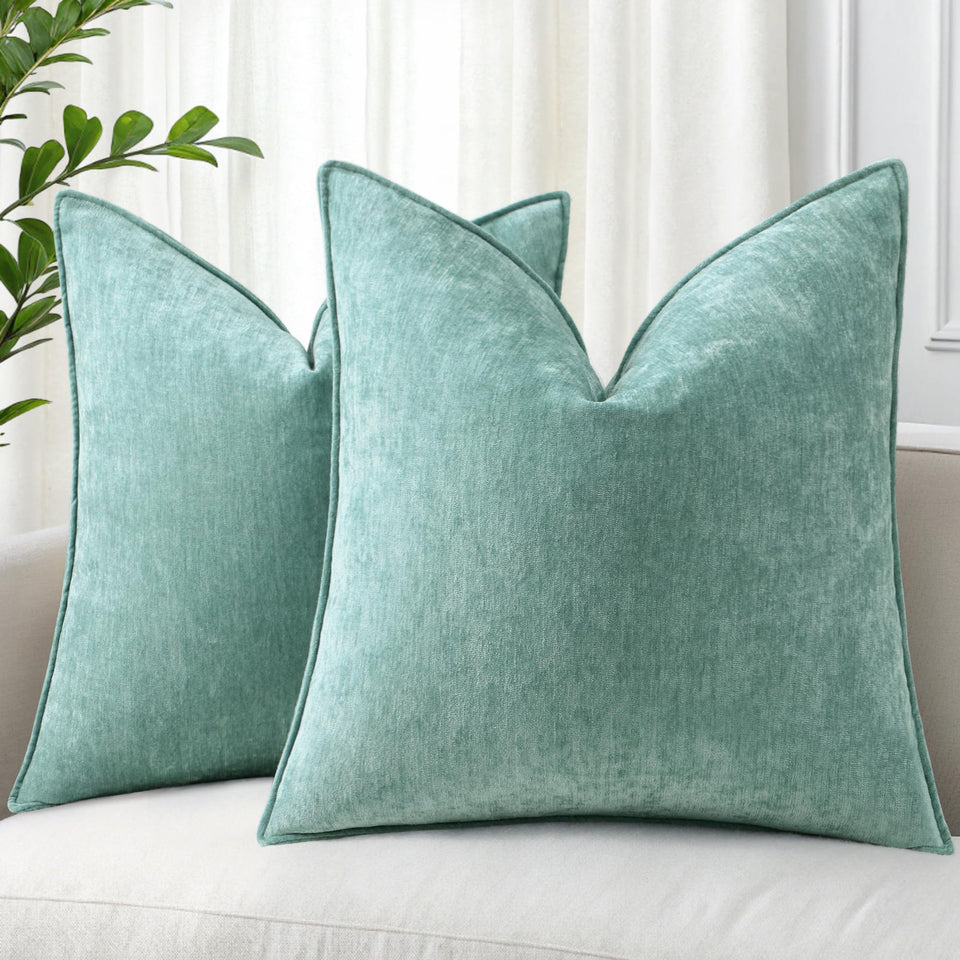 decorUhome Aqua Haze pillow cover in soft chenille adds cozy texture to any sofa.