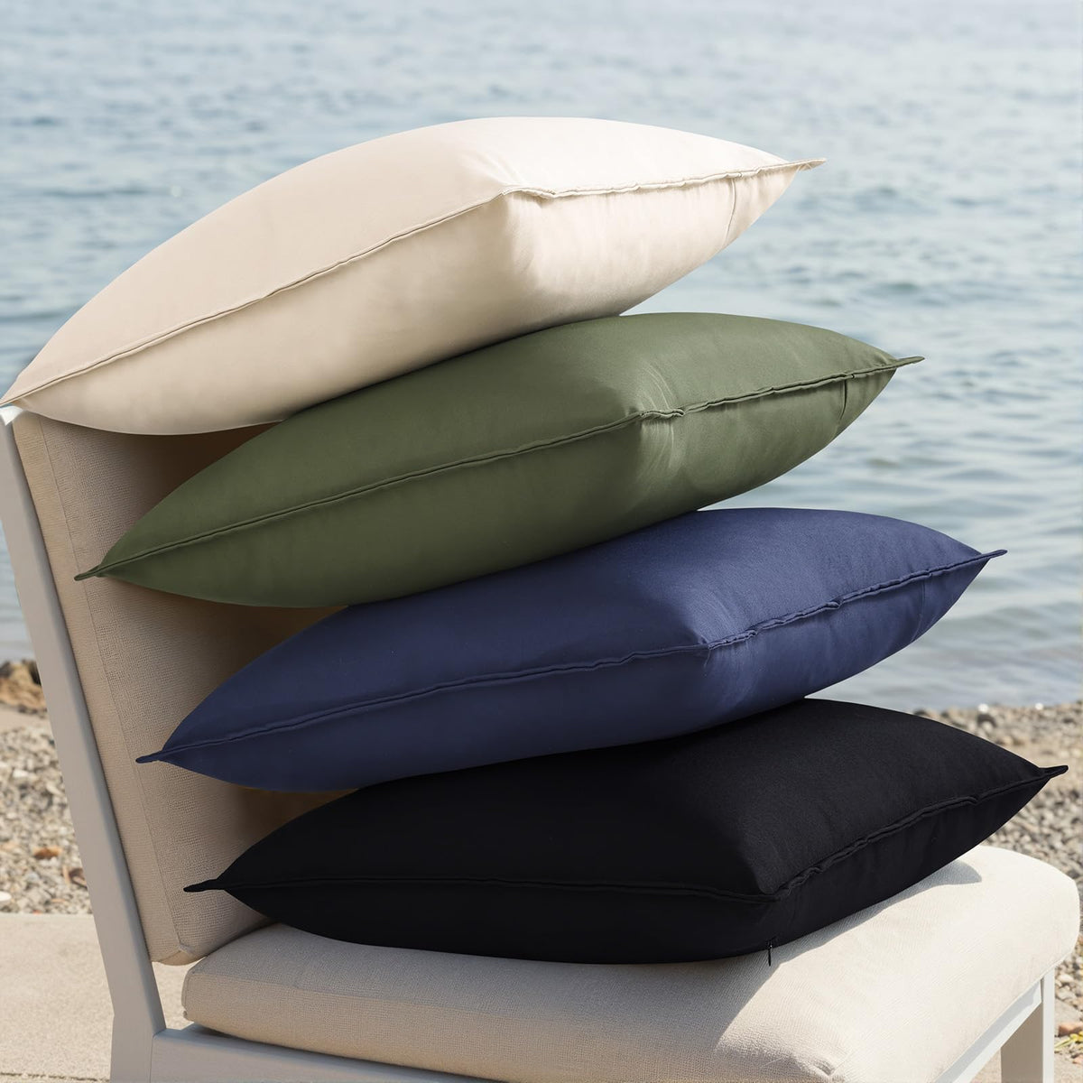 decoruhome durable stitching close up on beige pillow cover.
