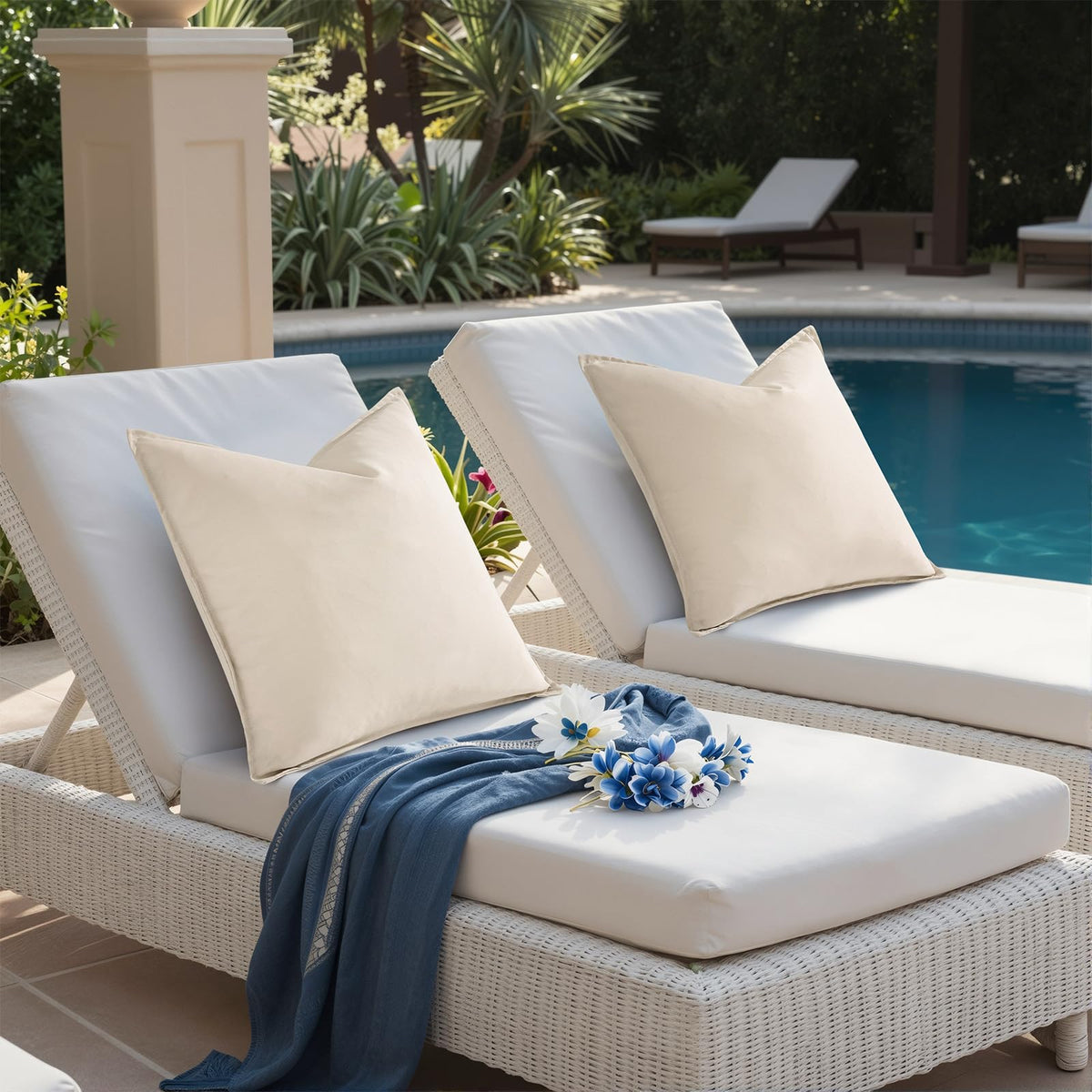 decoruhome beige pillow cover shown on outdoor seating arrangement.