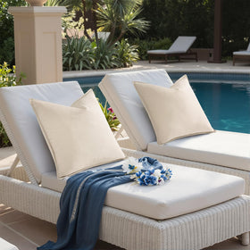 decoruhome beige pillow cover shown on outdoor seating arrangement.