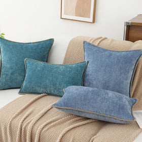 decorUhome blue decorative pillow cover brown linen stitching edge