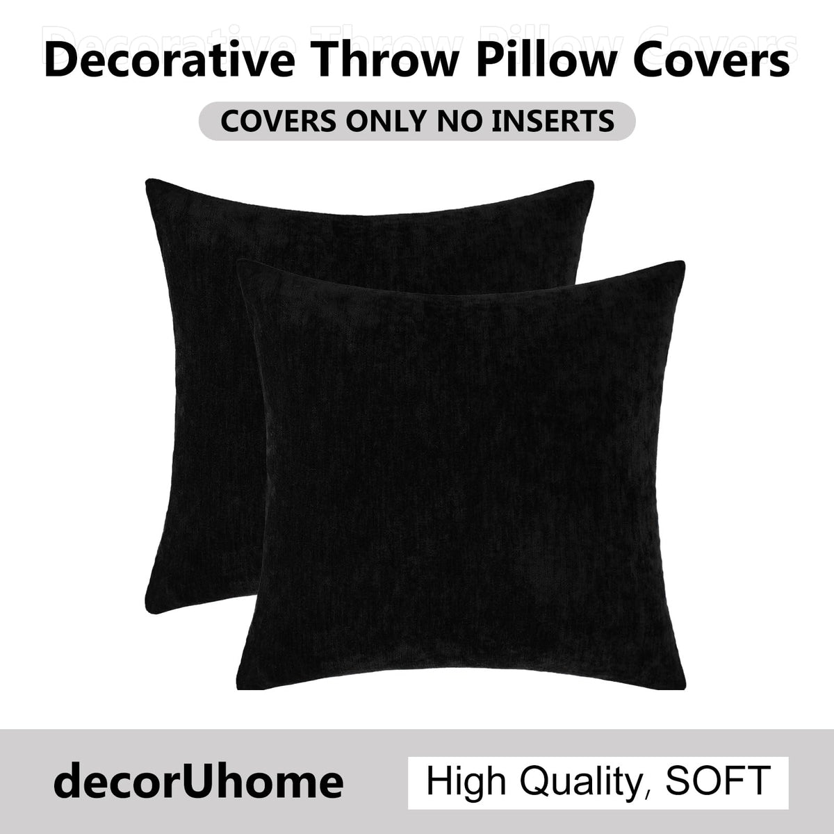 Bedroom setup using DecorUhome black chenille pillow covers.