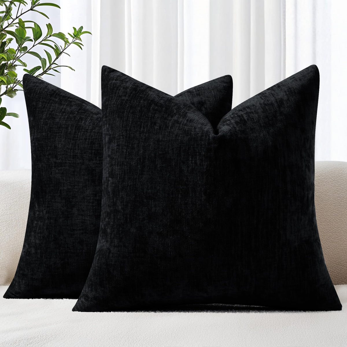 DecorUhome chenille black pillow cover front view shows plush softness.
