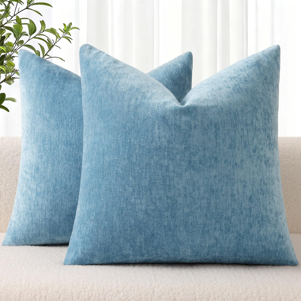 decorUhome chenille grey blue pillow cover 18x18 front view highlights soft texture