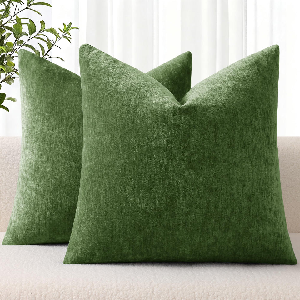 decorUhome Chenille Moss Green Pillow Cover 20x20 adds soft texture to any sofa.