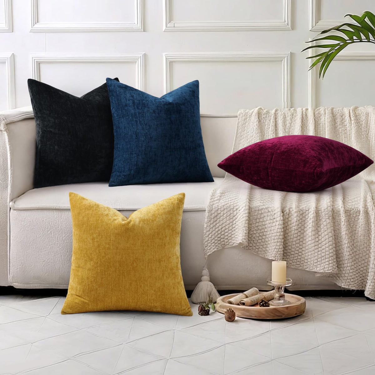 DecorUhome chenille navy blue 18x18 texture detail reveals plush fabric.