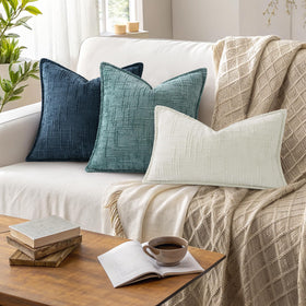 decorUhome chenille pillow cover navy flat lay shows 18x18 size