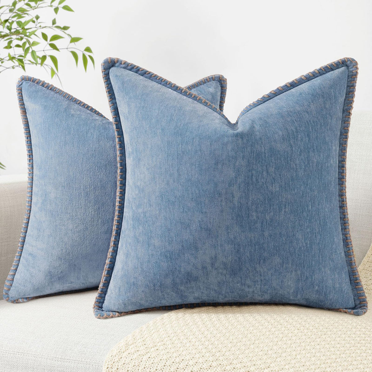 decorUhome chenille pillow cover blue front view for cozy living room