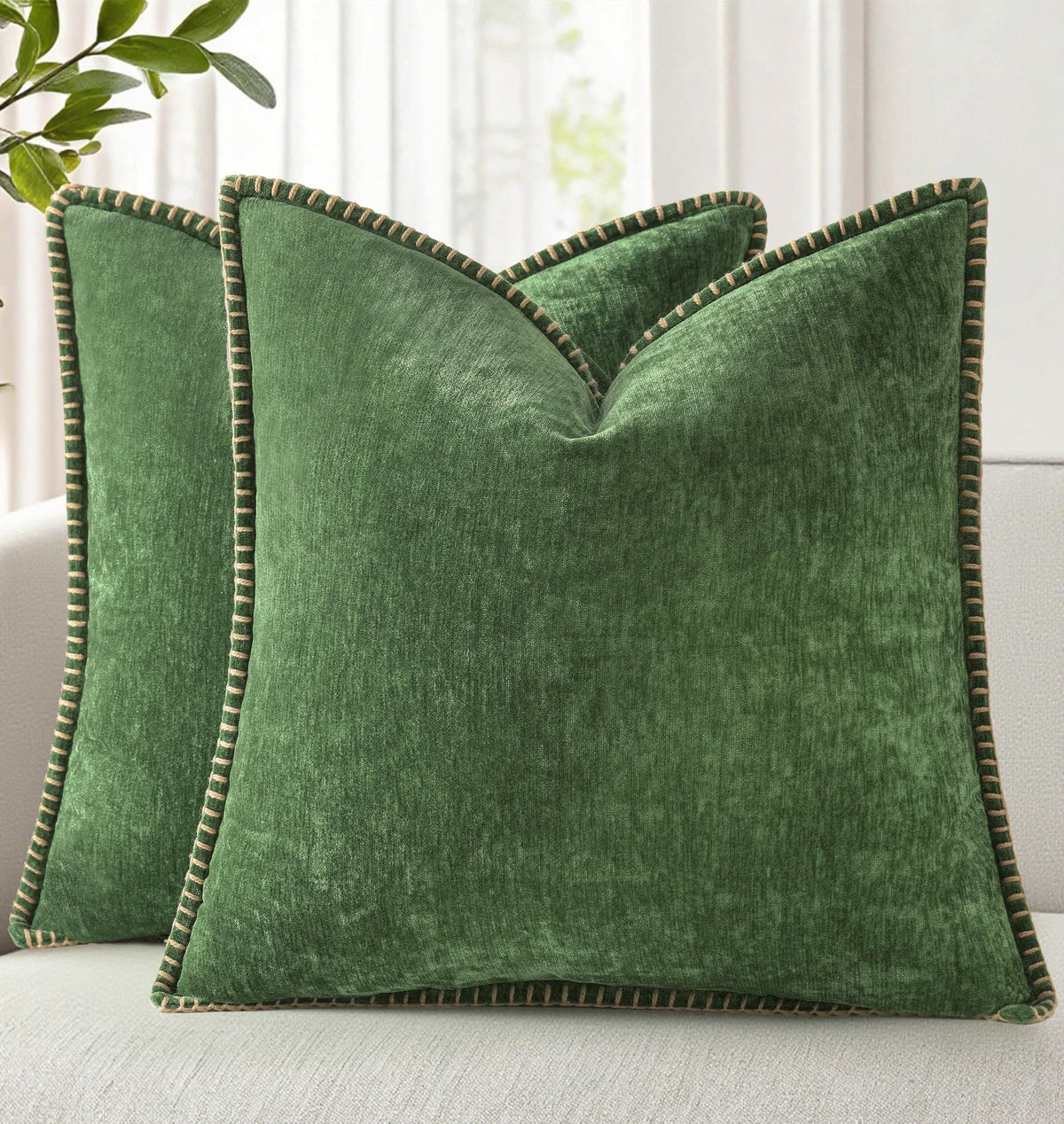 DecorUhome chenille pillow cover forest green, front view shows plush texture