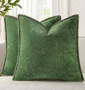 DecorUhome chenille pillow cover forest green, front view shows plush texture