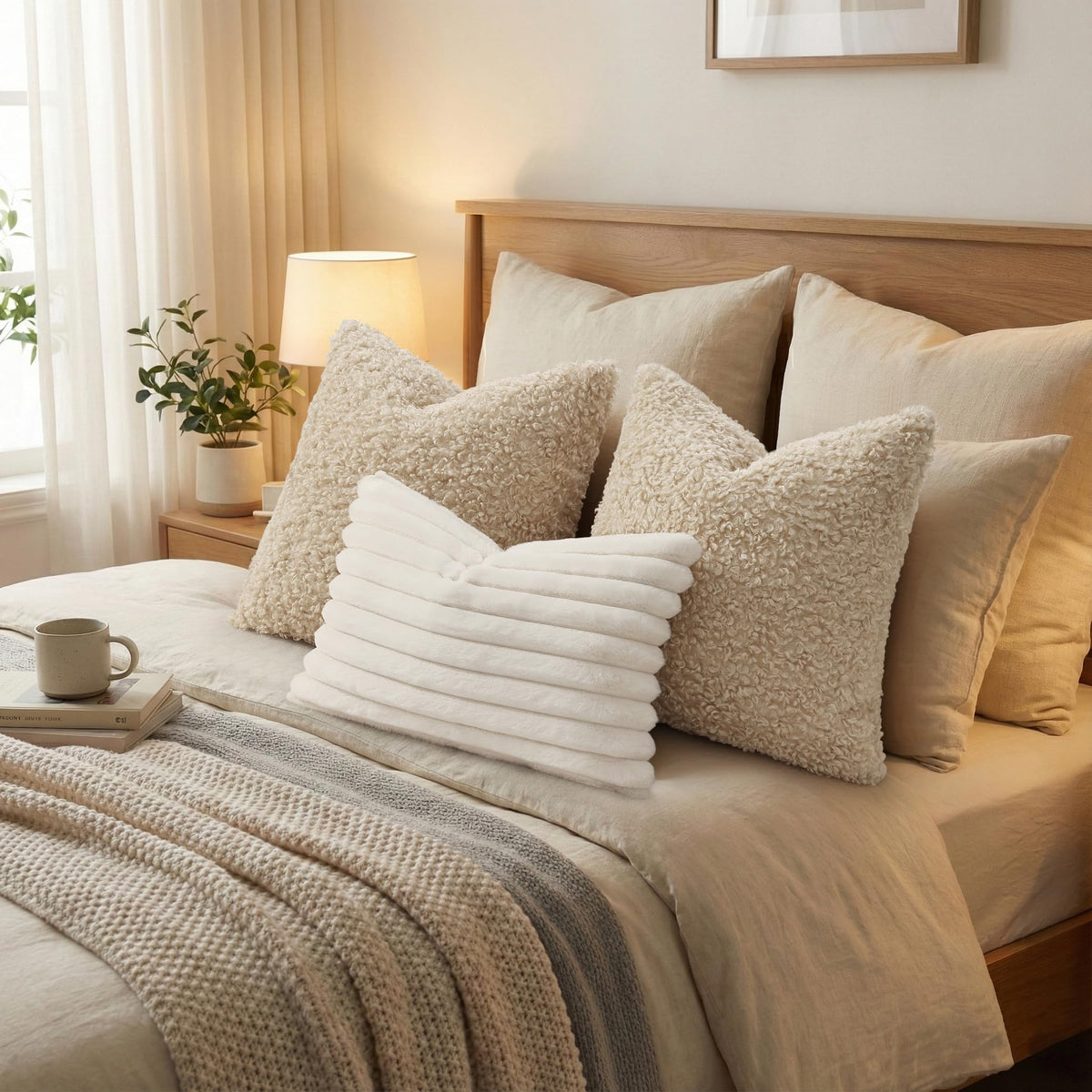 decorUhome natural-tone oatmeal pillow cover complements plant-inspired decor.