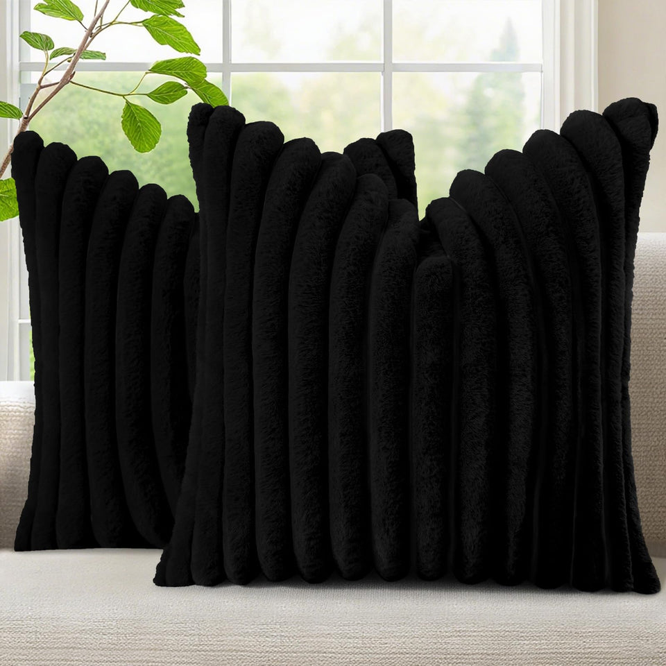 decorUhome Cozy faux fur pillow cover in black with plush texture for sofa decor.