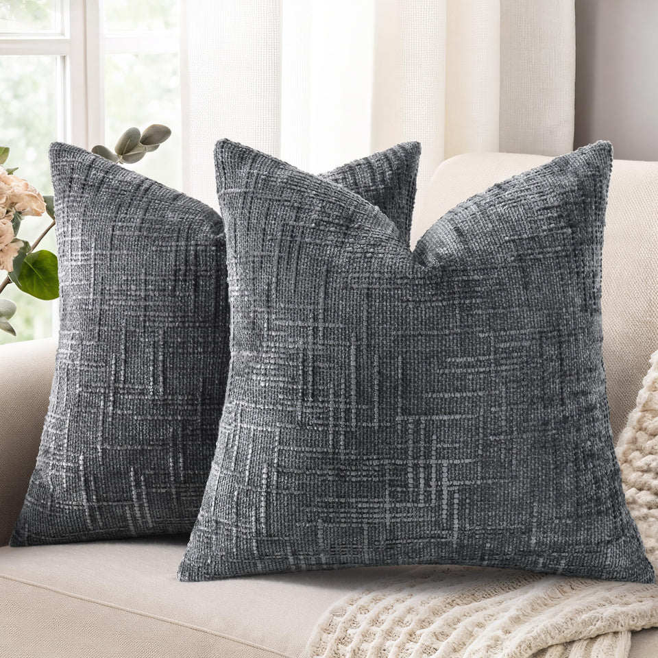 decorUhome dark grey chenille pillow cover front close up highlighting rich texture and plush feel