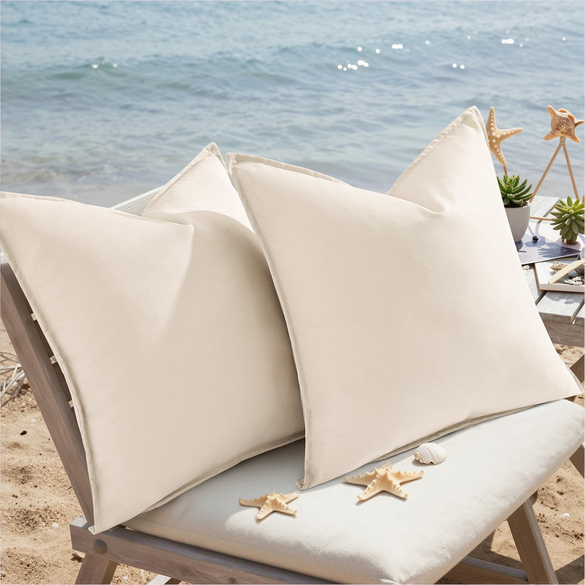 decoruhome set of two beige pillow covers ready for garden and balcony.