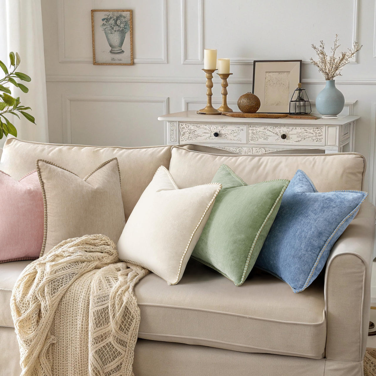 decorUhome modern farmhouse pillow cover with stitched edge on couch