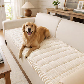 decorUhome non-slip fuzzy couch cover for dogs keeps the sofa steady during play.