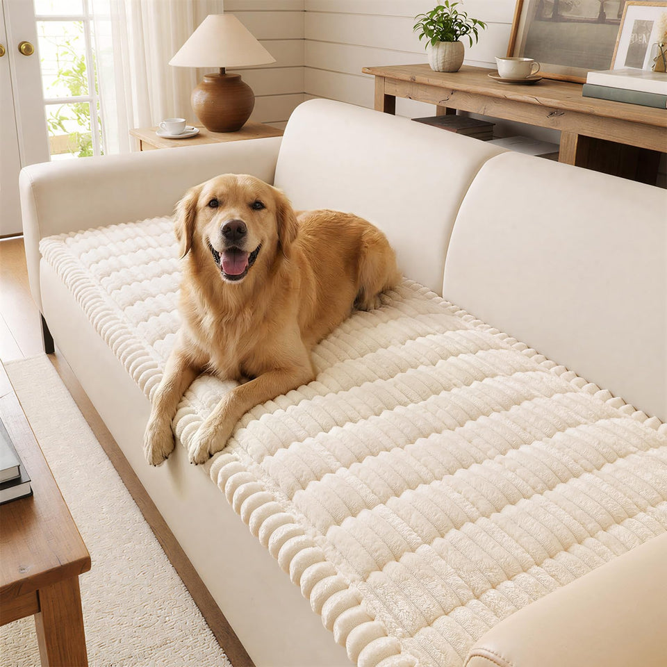 decorUhome non-slip fuzzy couch cover for dogs keeps the sofa steady during play.