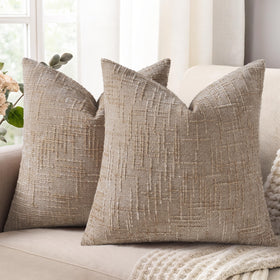decorUhome oatmeal chenille throw pillow cover on sofa adds inviting texture and cozy vibe.