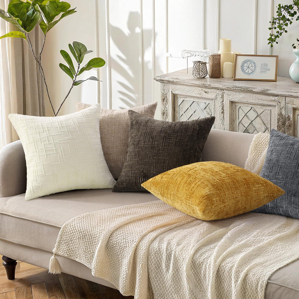 decorUhome oatmeal pillow cover neutral color blends with decor and hides wear.