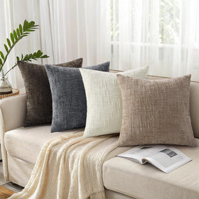 decorUhome oatmeal chenille throw pillow cover in a bedroom decor setting