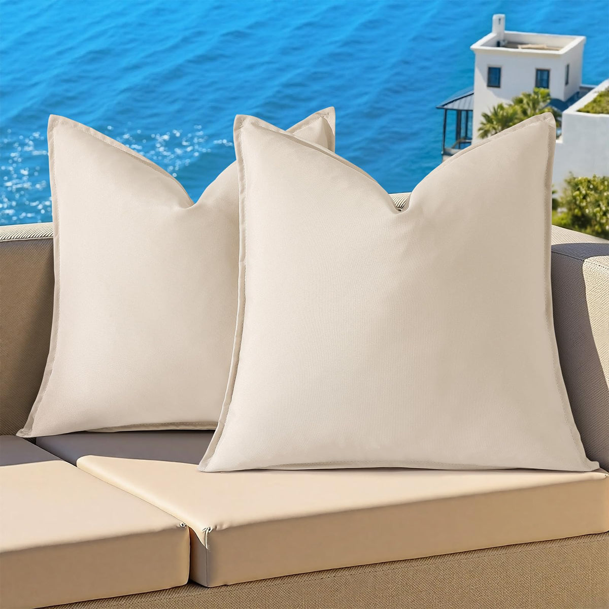 decoruhome outdoor pillow cover with flange edge in beige adds farmhouse charm to any patio.