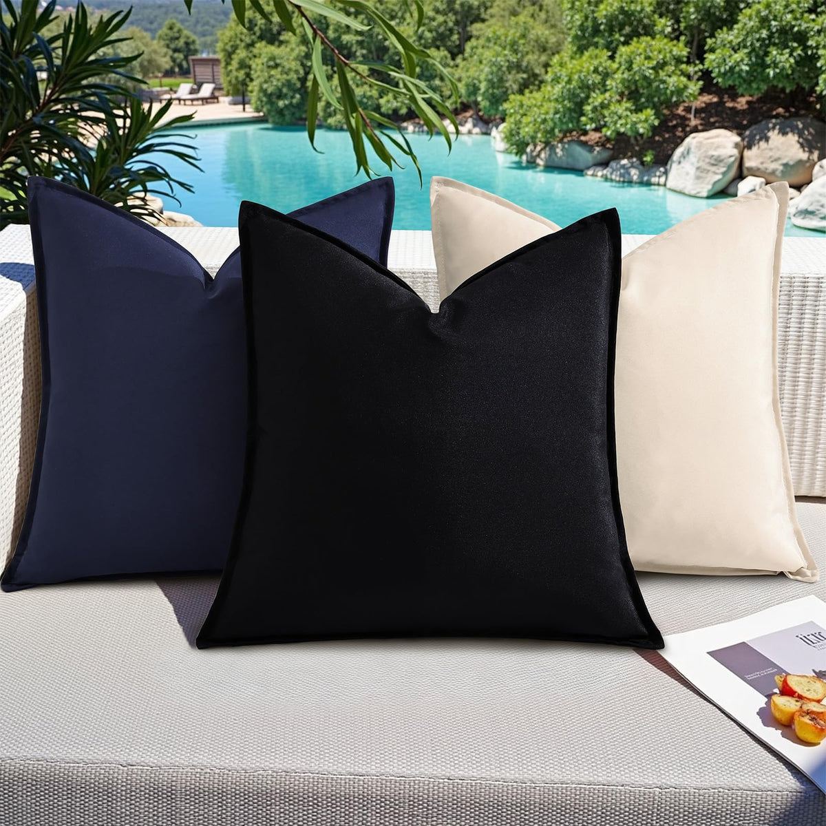 decorUhome navy outdoor pillow cover on patio setting for weather ready decor