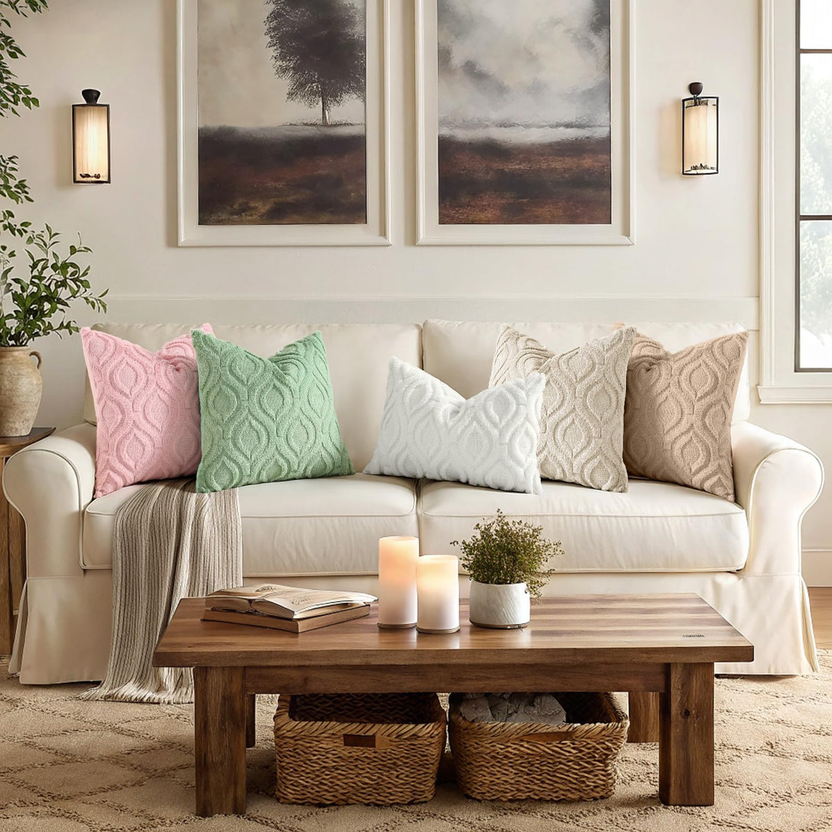 Farmhouse neutral decor complements boho and traditional spaces.