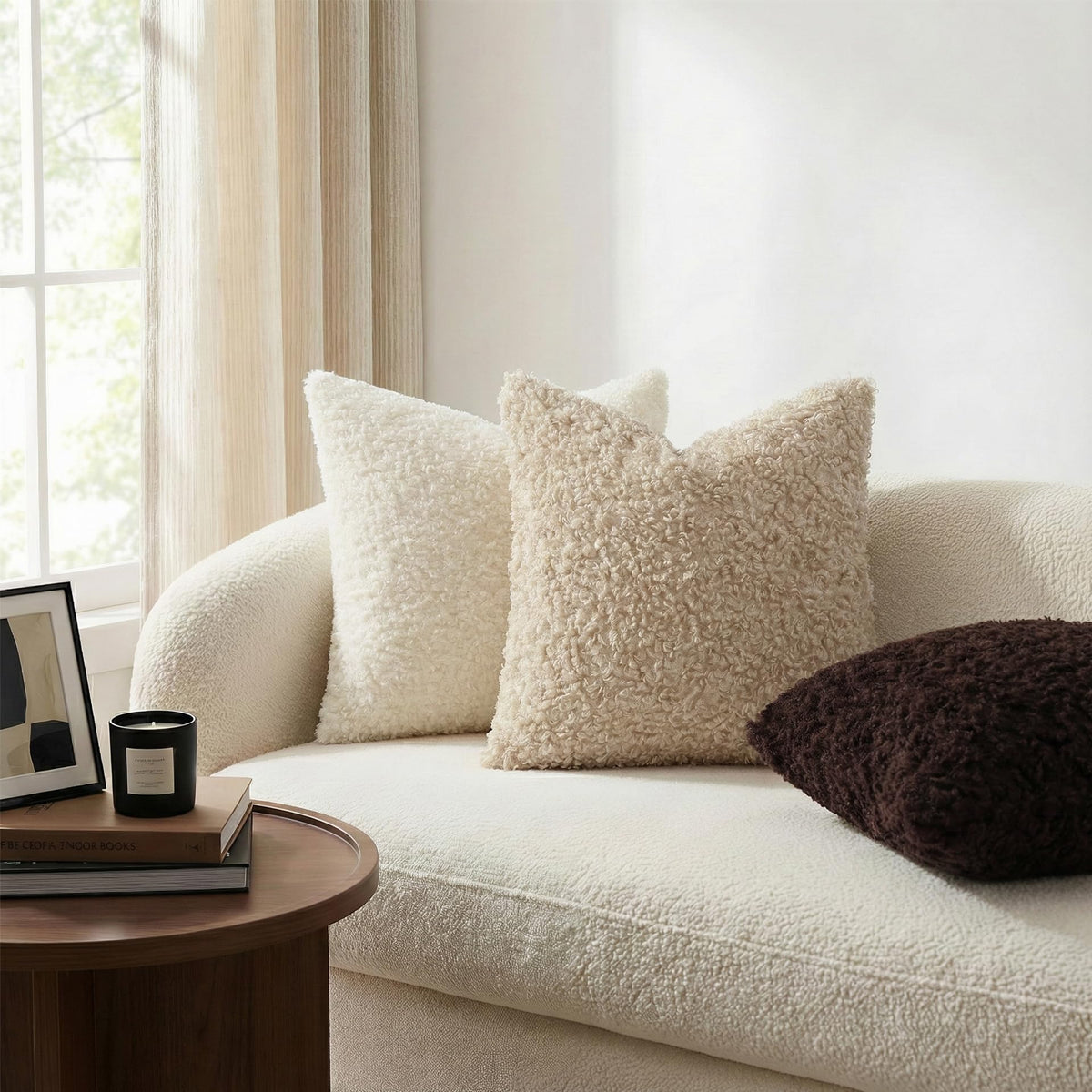 decorUhome plush sherpa pillow cover on sofa emphasizes soft comfort for living rooms.