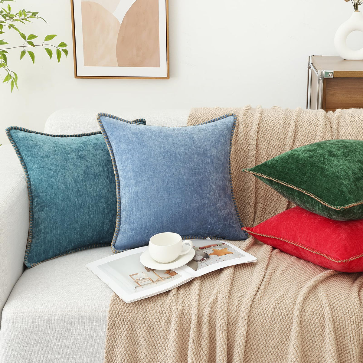 decorUhome sturdy chenille fabric pillow cover blue bedside setup