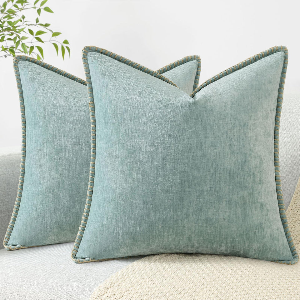 decorUhome Summer Chenille pillow cover in aqua haze adds cozy texture to your sofa.