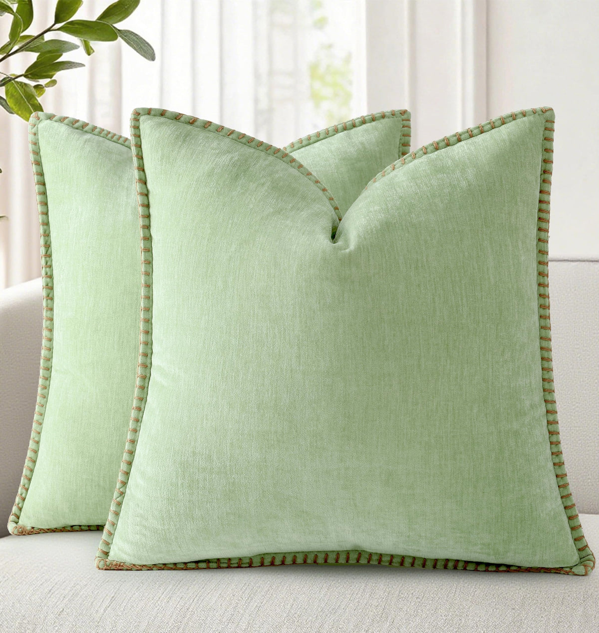 decorUhome Summer chenille pillow covers 18x18 in sage green on sofa, set of 2 for cozy decor