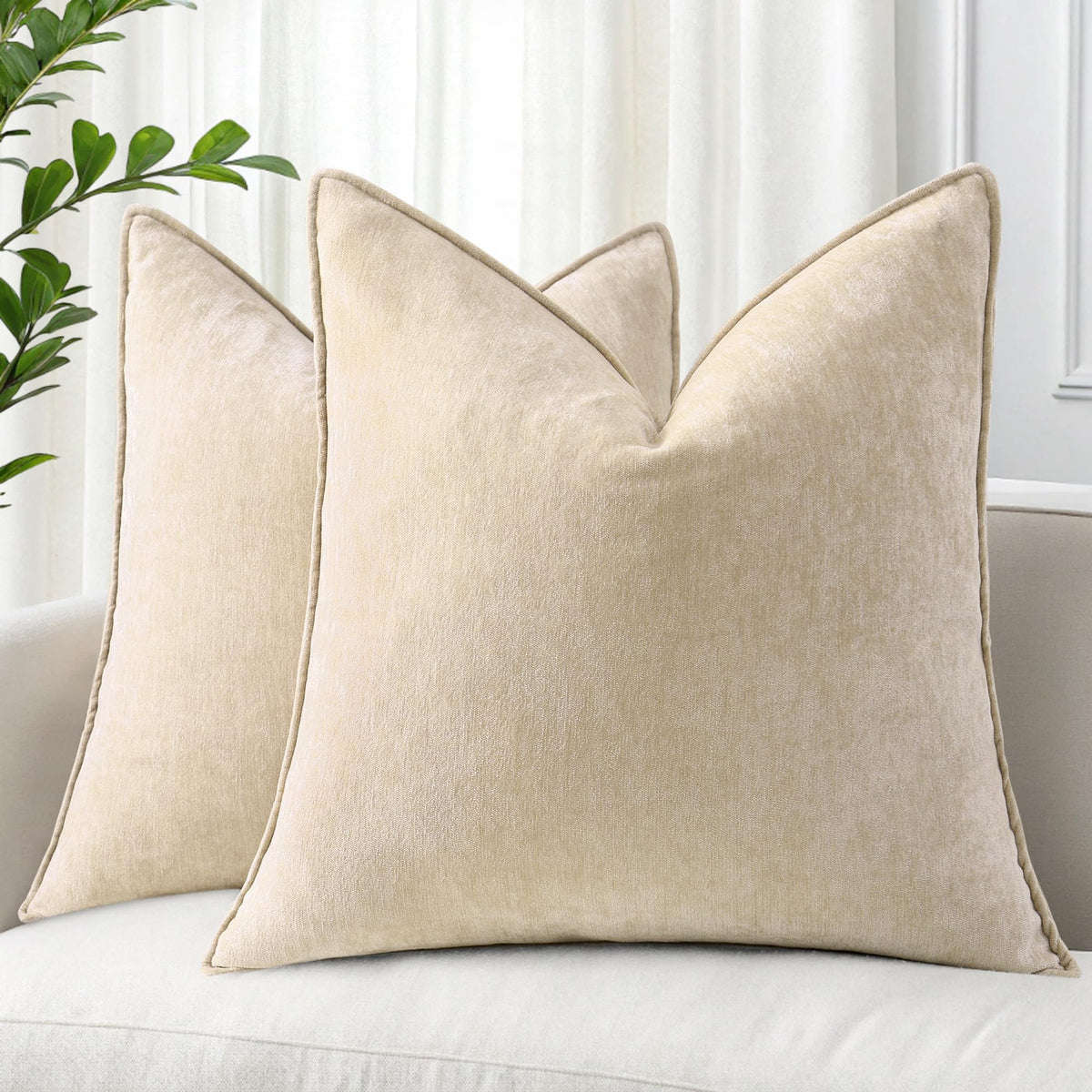 decorUhome beige chenille pillow cover, front view, adds soft warmth to sofas
