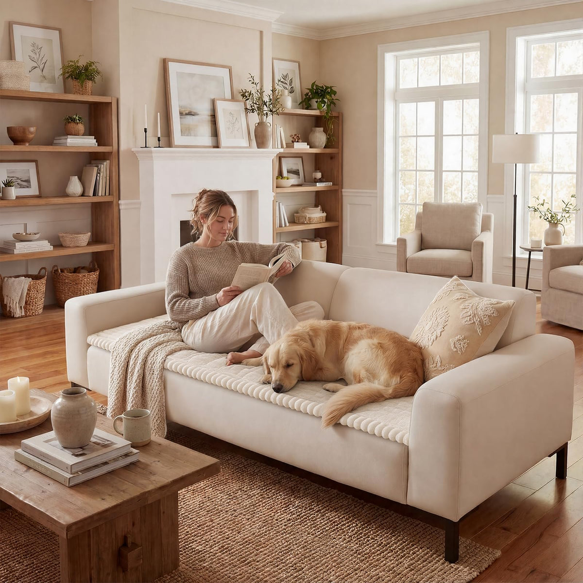 decorUhome white couch cover showcases a refreshed, clean look.