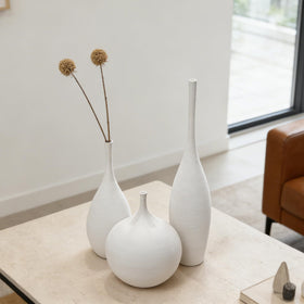 Living room setup featuring DecoVlog white ceramic vases as a centerpiece.